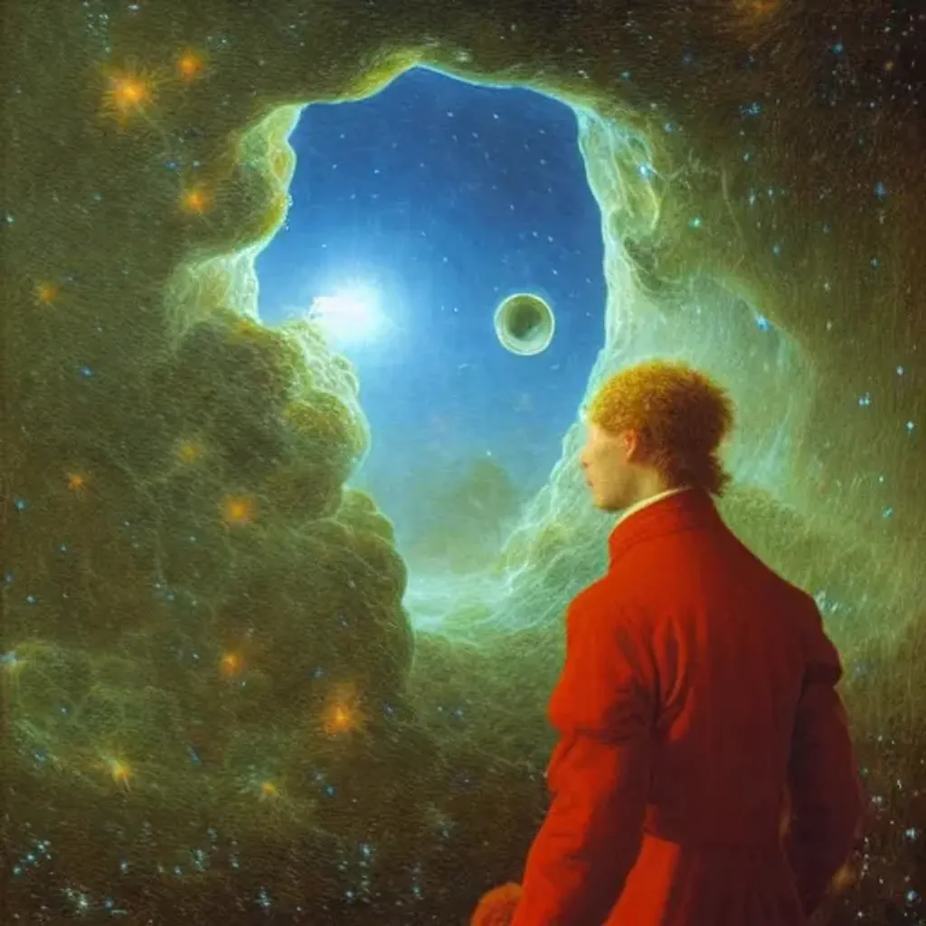 Prompt: Man looking up at the detailed three pillars of creation, big planets and stars surround, digital art by Caspar David Friedrich