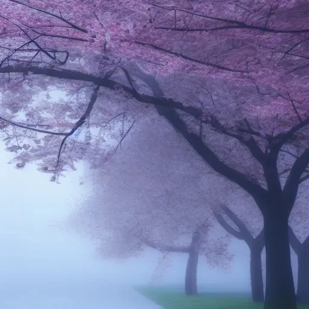 Prompt: low poly cherry blossom tree in the fog, in the morning, soft colors
