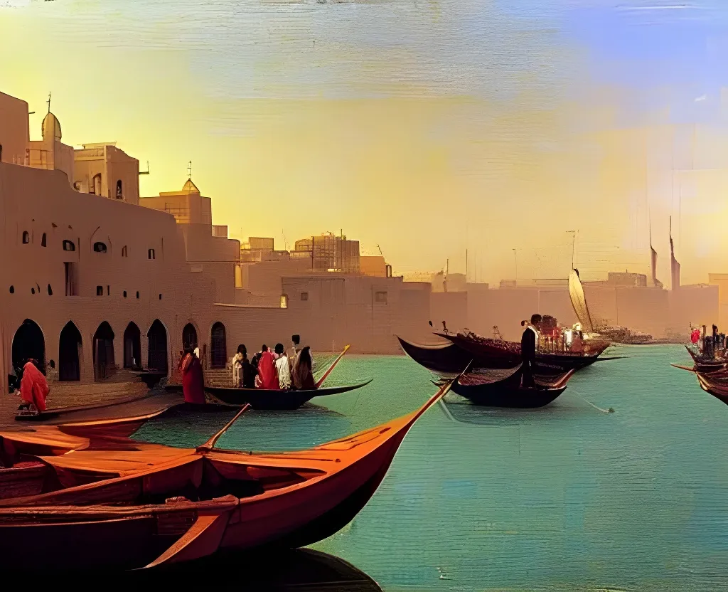 Prompt: beautiful painting of dubai creek arabian people crowded on small boats water ripples reflections gazing sunlight pale colour scheme edward hopper canaletto