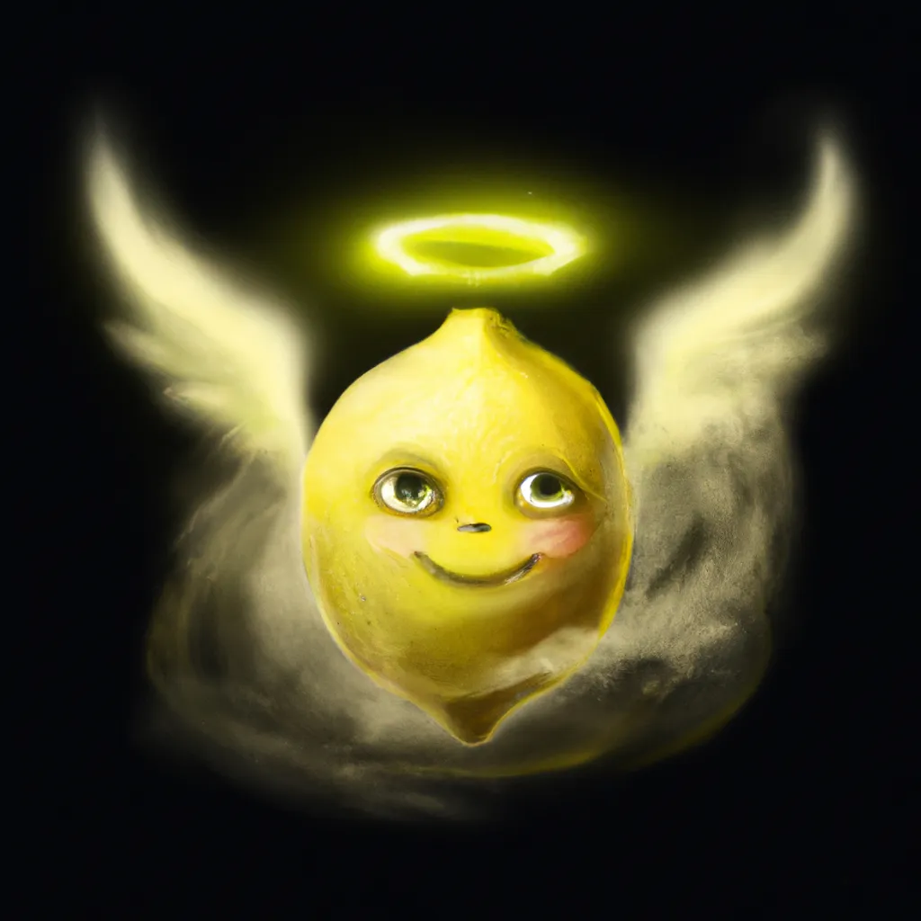 Prompt: An angelic lemon with a face and wings and a halo, digital art, high detail, black backround with smoke