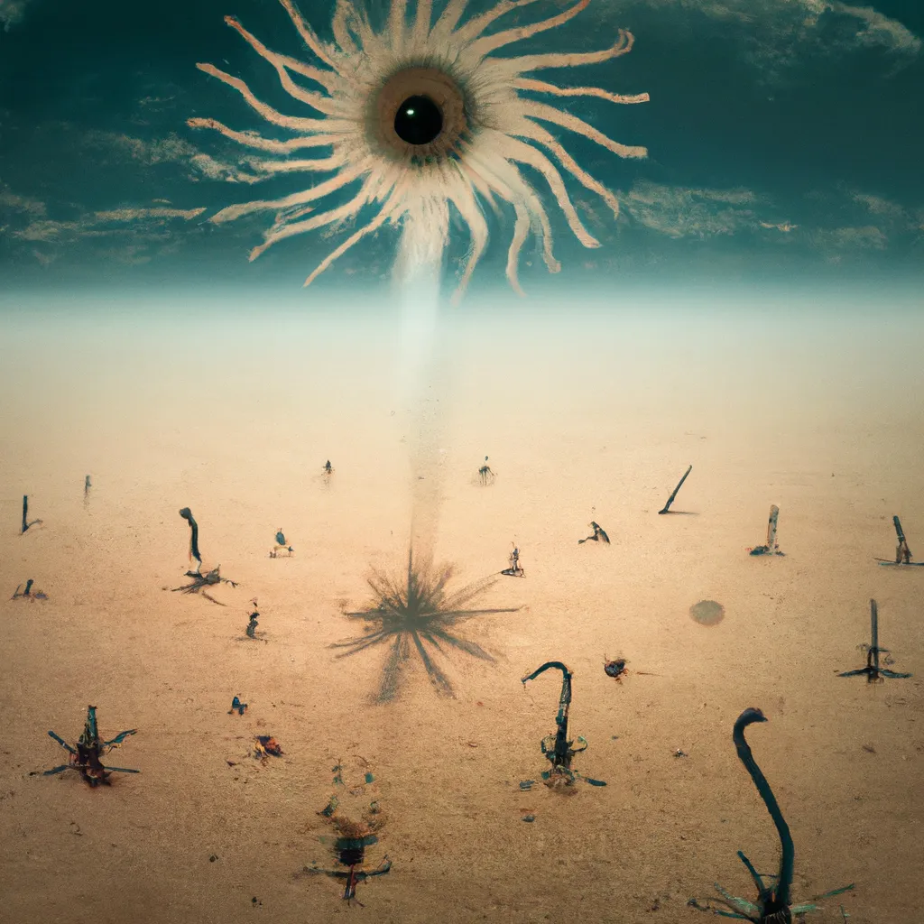 Prompt: explosion made of sea creatures in a vast desert, surrealist artwork