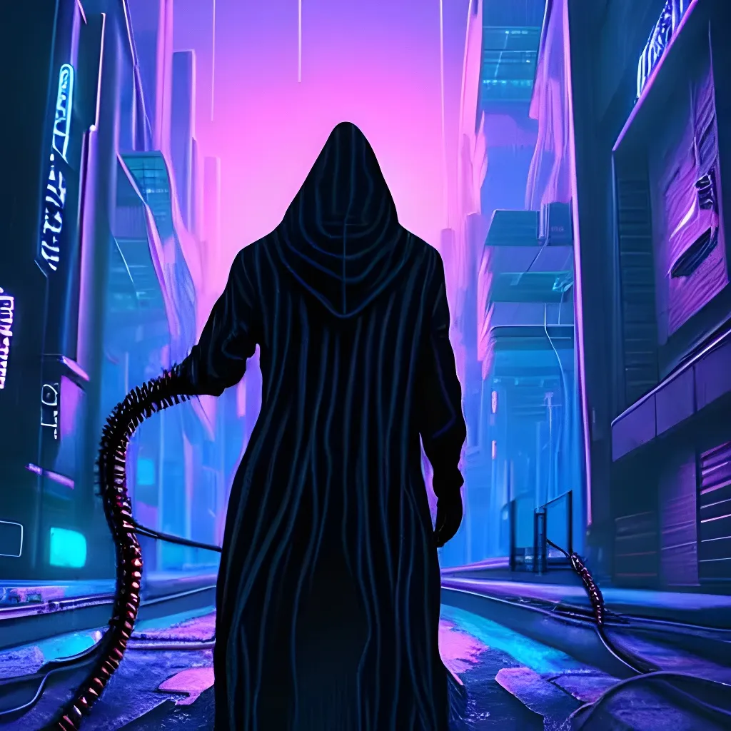 Prompt: glitchcore cyberpunk eldritch horror technomancer in a hooded robe with electrical cable tendrils sprouting from its back, in a futuristic city TRON nightmare fuel hyperrealistic