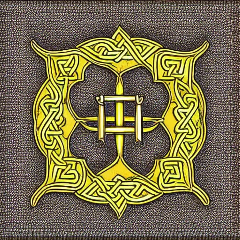 Prompt: symbol for the god of agriculture and festivity, religious iconography, irish, simple, symmetric, metal, simple background, fantasy