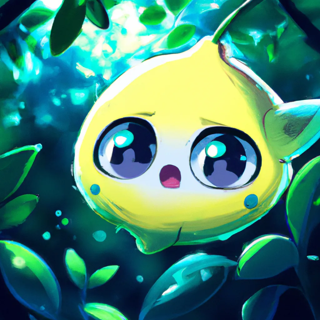 Prompt: Key Disney Visual of an enthusiastic  cute anime lemon critter , background is a forest, green and dark blue colour palette; Digital art, trending on artstation, Photorealistic Illustration, anime key visual, cinematic, Ultra Detailed , trending on pixiv, kawaii eyes