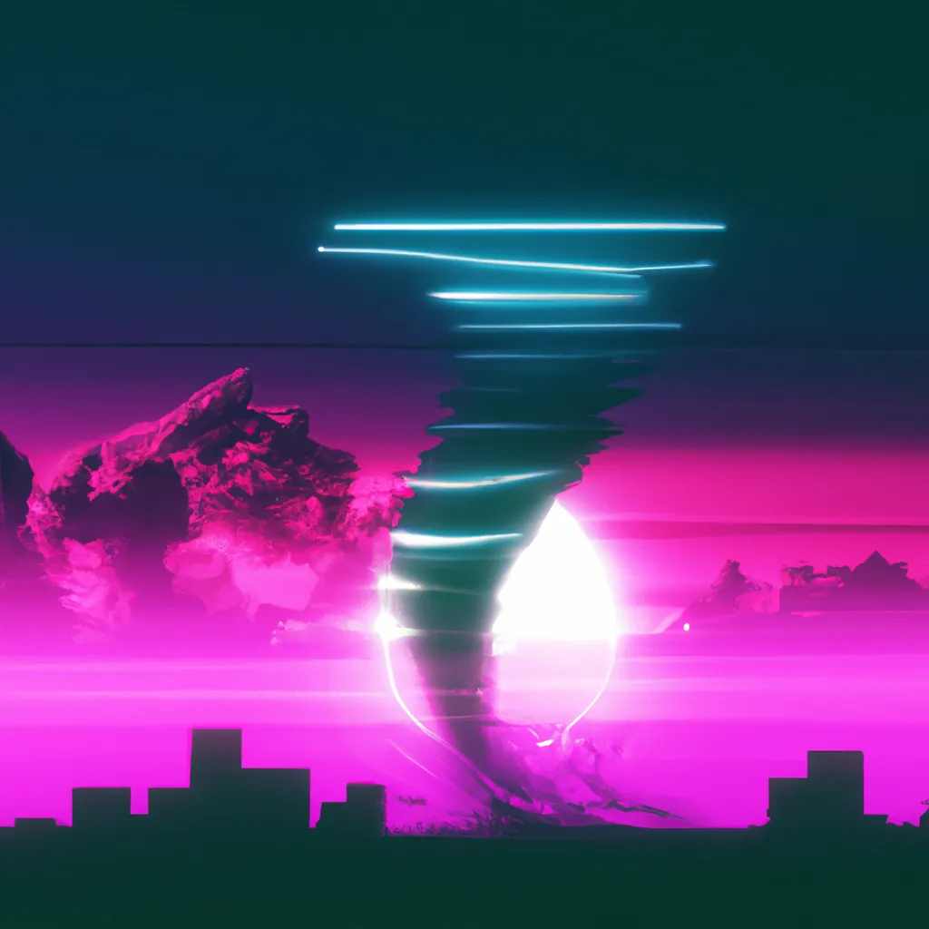 Prompt: neon synthwave tornado, vaporwave, sunset