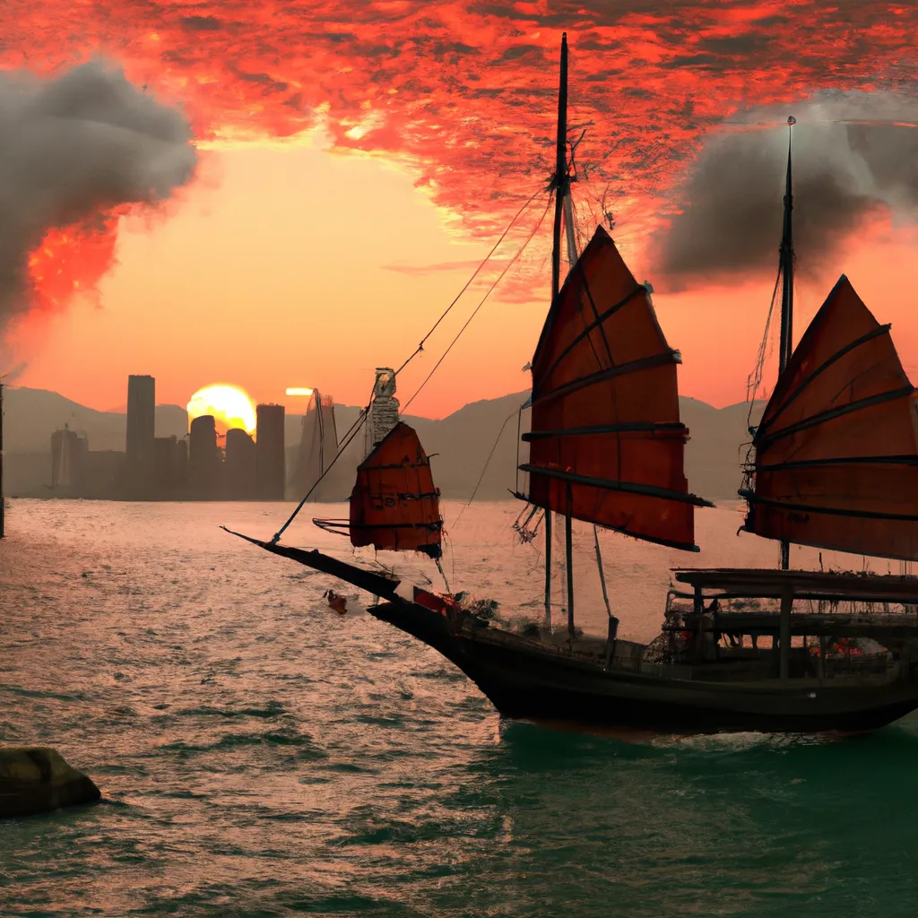 Prompt: Good sunset, with a junk in Hong Kong by Vilhelm Pedersen 8k ultra realistic
