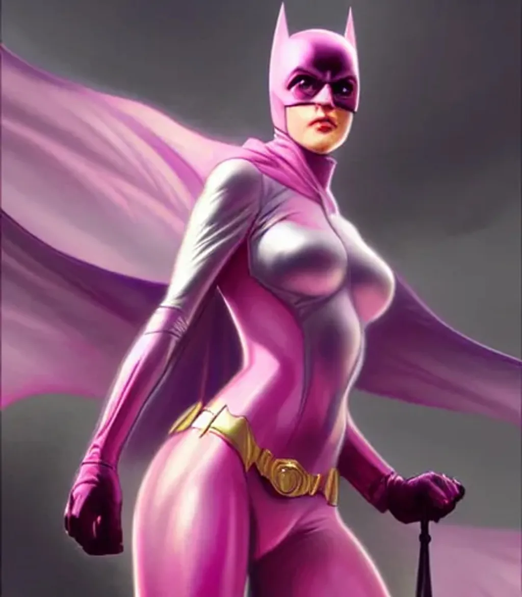 Prompt: shiny pink female batman, fantasy, detailed, realistic, anime, digital painting, artstation, smooth, sharp focus, illustration, art by artgerm and greg rutkowski and alphonse mucha