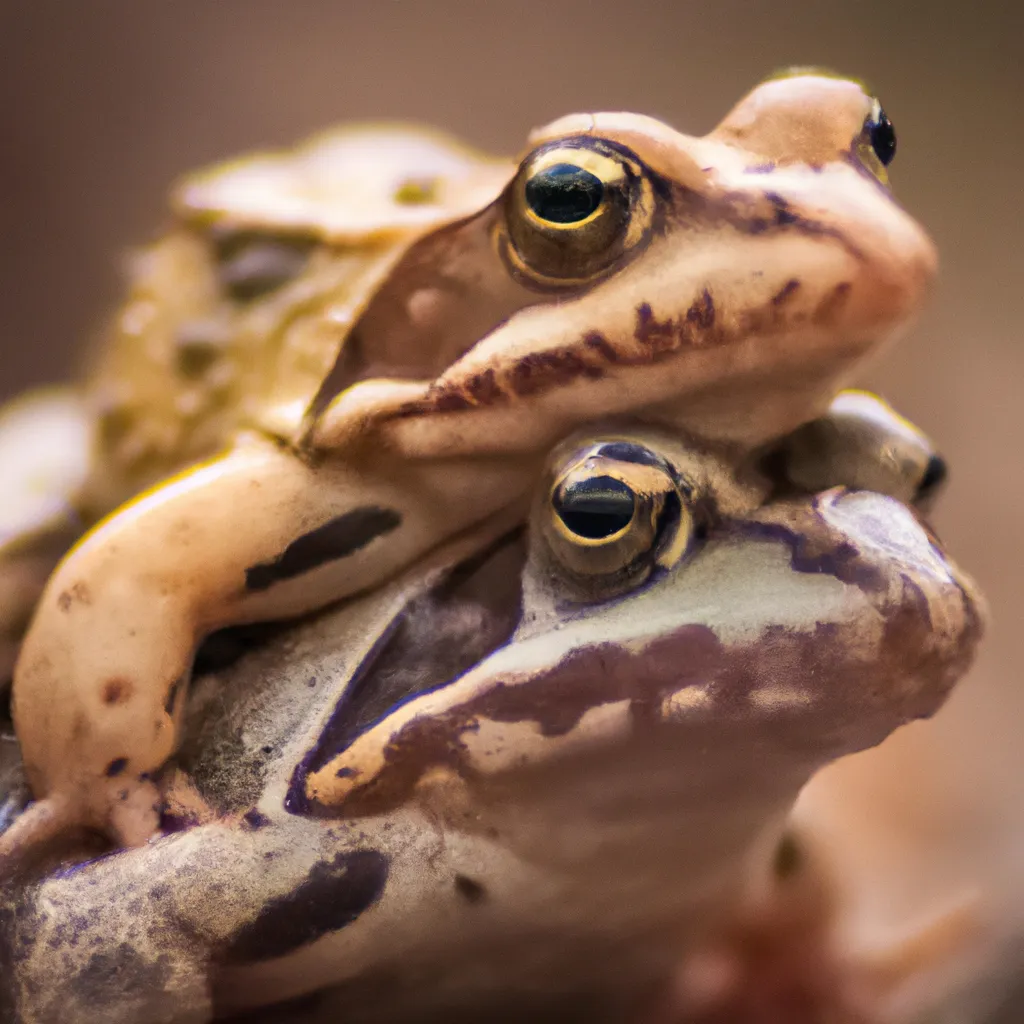 Prompt: A highly detailed, highly realistic photograph of a round frog on top of another frog, warm colors, portrait