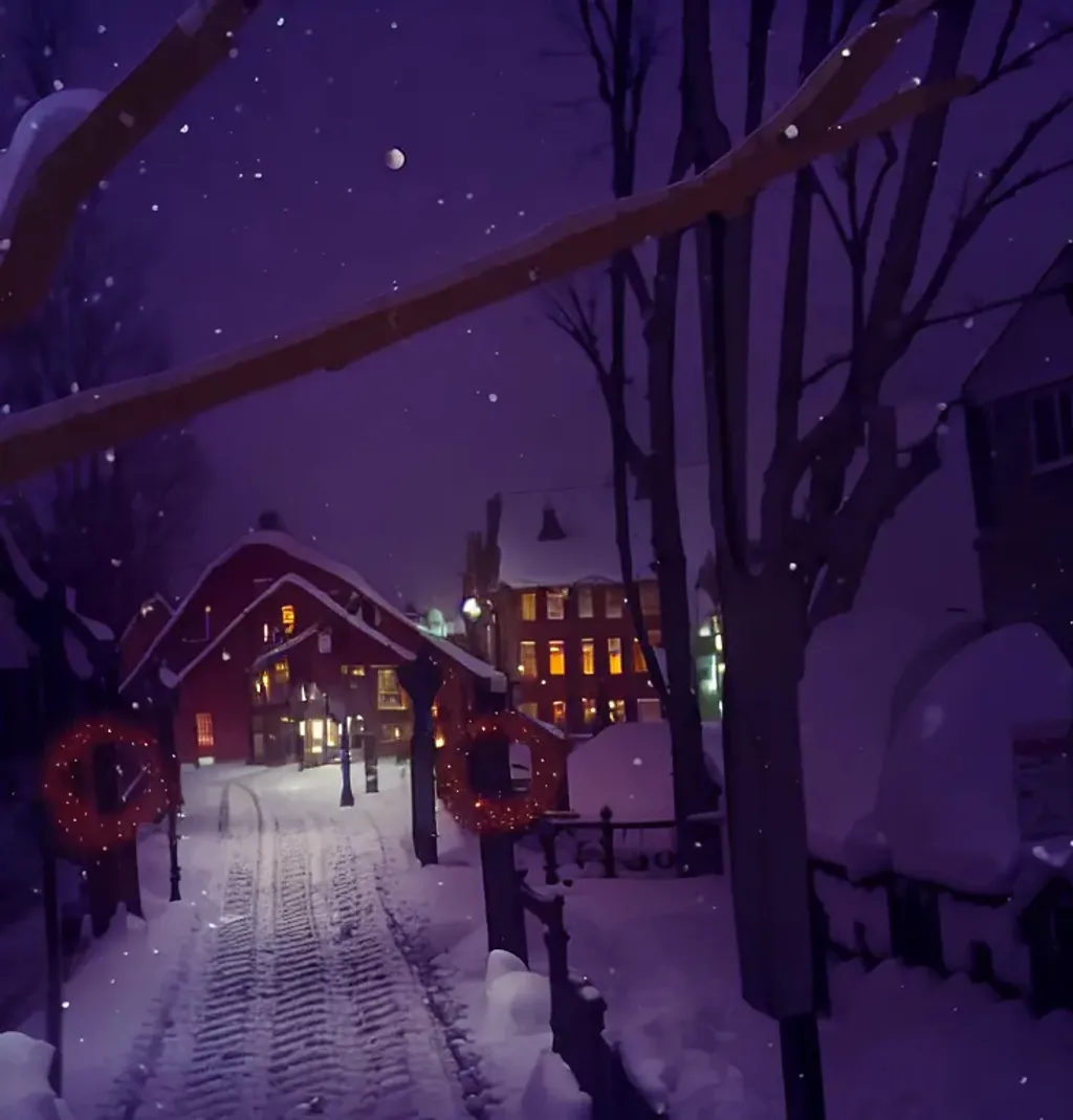 Night view of the winter city with snow-covered trees and lanterns