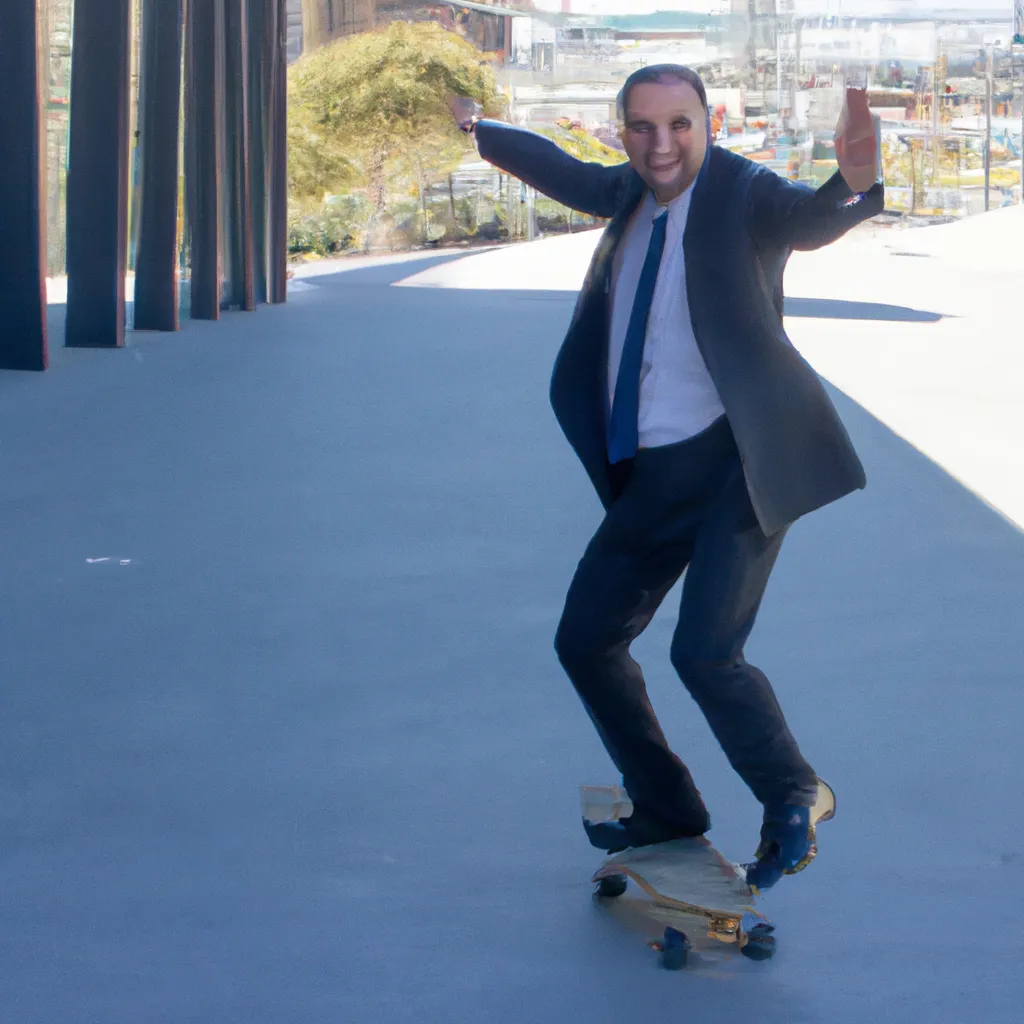 Prompt: photography real person businessman with happy face on a skateboard in the city