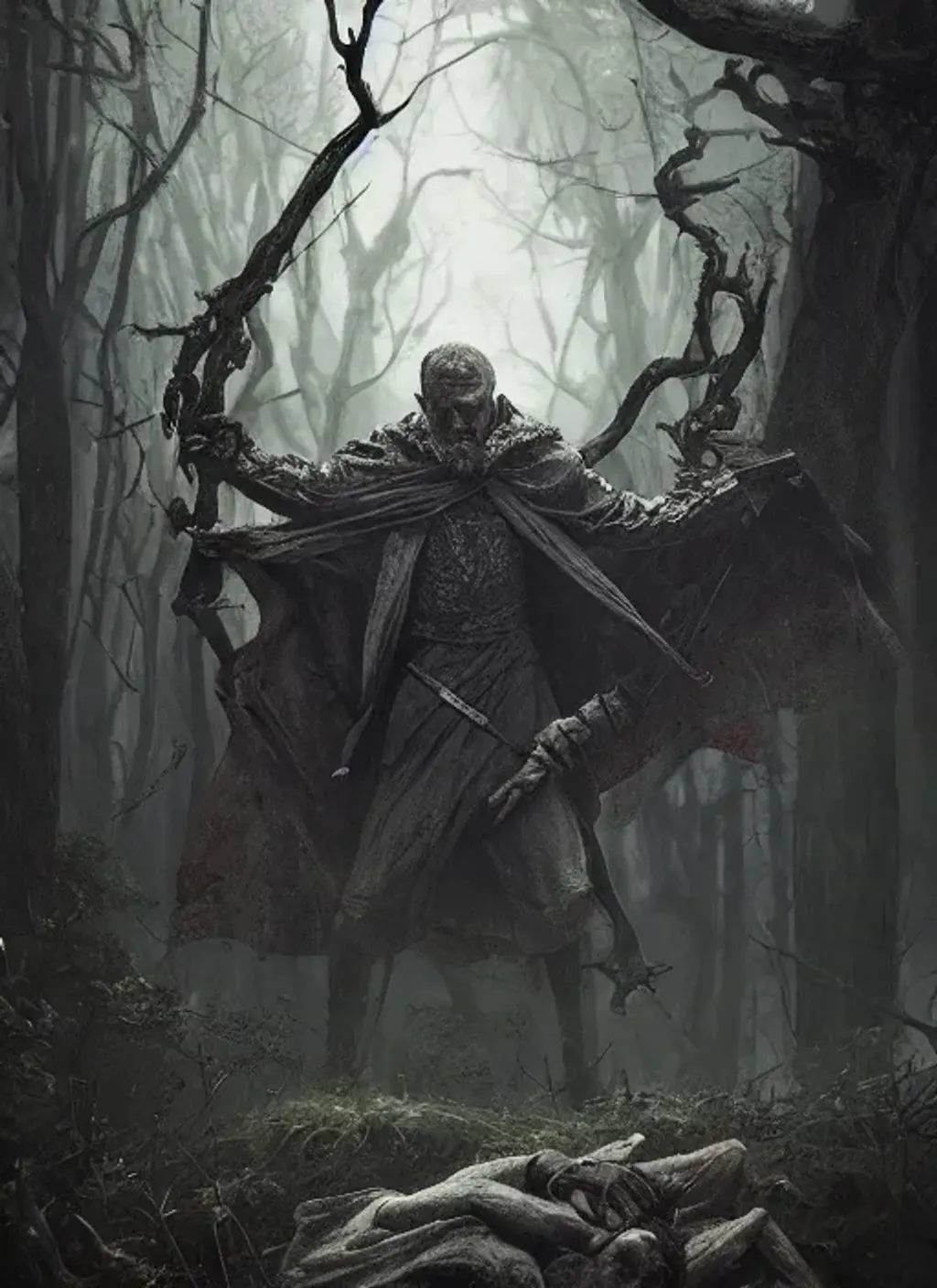 Prompt: Front of old Olgierd von Everec with grey hair and with scarred face and batwings, dark woods, perfect composition, hyperrealistic, super detailed, 8k, high quality, trending art, trending on artstation, sharp focus, studio photo, intricate details, highly detailed, by greg rutkowski