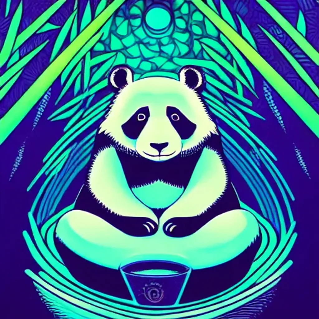 Prompt: Hypnotic illustration of a panda meditating, hypnotic psychedelic art by Dan Mumford, pop surrealism, dark glow neon paint, mystical, Behance