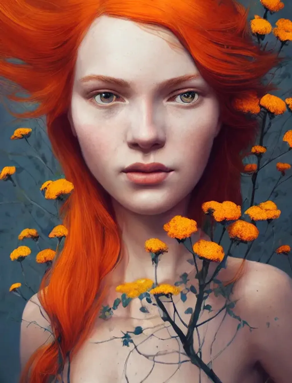 Prompt: Portrait of {woman} with {orange} hair and with cute face, {flowers}, perfect composition, hyperrealistic, super detailed, 8k, high quality, trending art, trending on artstation, sharp focus, studio photo, intricate details, highly detailed, by greg rutkowski