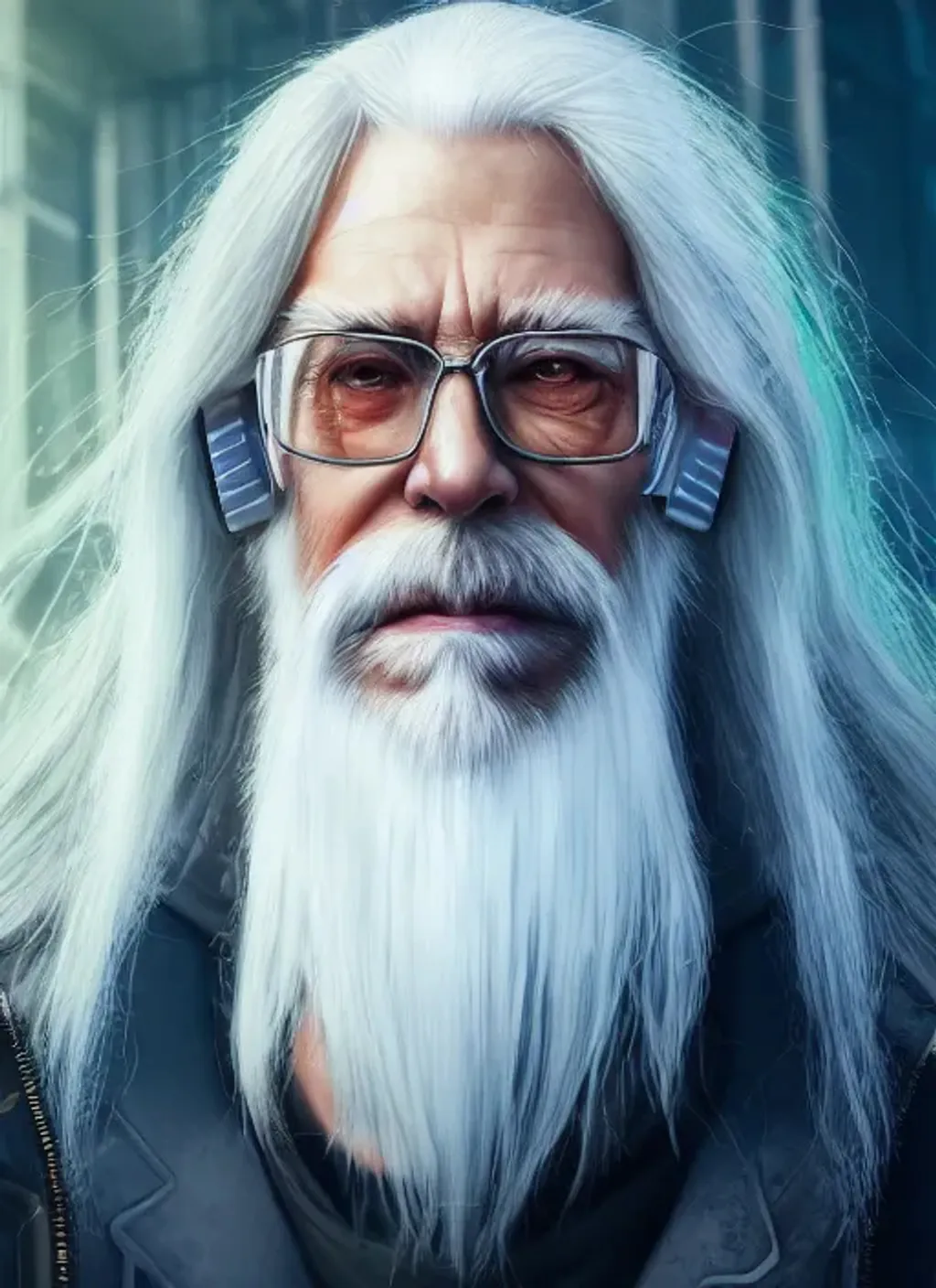 Prompt: Extremely detailed portrait of  cyberpunk old man with long white hair and with long white beard with only White clothes, extremely detailed  cyberpunk street hyperrealistic background , 8k, high quality, concept art, trending on artstation, sharp focus, studio photo, intricate details, hyper detailed