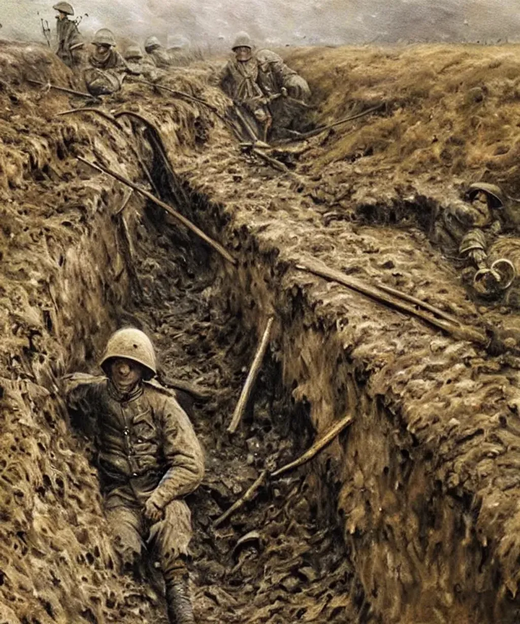 oil painting wwi Trenches—long, deep ditches dug as... | OpenArt