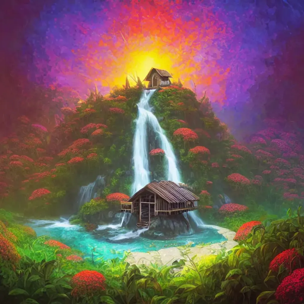 Prompt: A waterfall with colorful flowers, and a sinister hut on middle, centered, symmetry, painted, intricate, volumetric lighting, beautiful, rich deep colors masterpiece, sharp focus, ultra detailed, in the style of dan mumford and marc simonetti, astrophotography