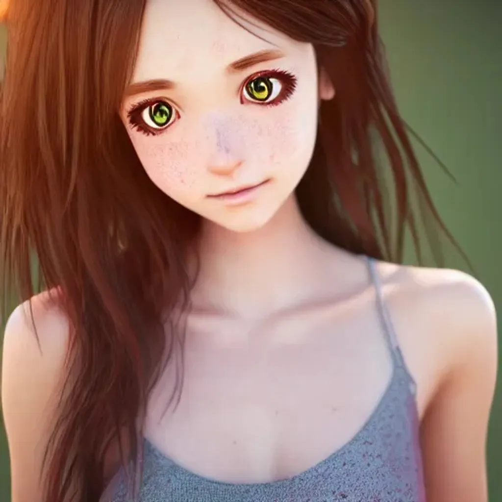 prompthunt: Render of a very beautiful 3d anime girl, long hair, hazel  eyes, cute freckles, full round face, short smile, cute sundress, golden  hour, serene beach setting, medium shot, mid-shot, highly detailed,