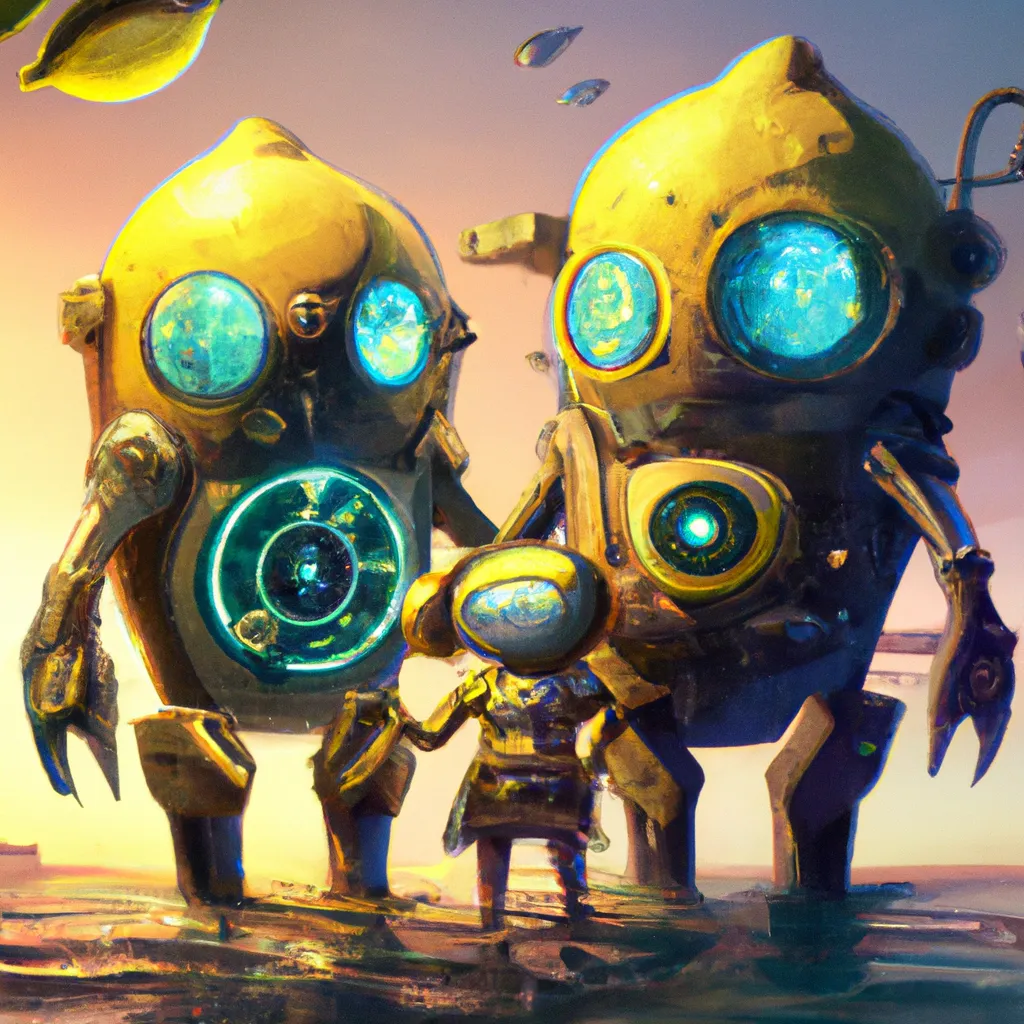 Prompt: the cute lemon family character big robots, underwater steampunk, underwater city steampunk style, artstation, golden hours, reference pose, HQ, 4K, Lisa Frank