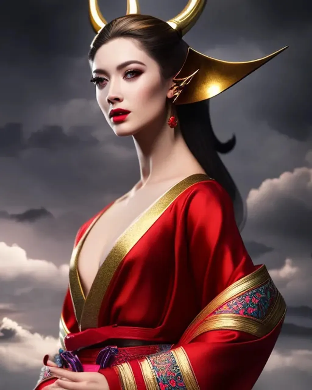 Prompt: (((medium portrait))), photorealistic dramatic fantasy render of a beautiful woman wearing a clasical japanese kimono, with demon horns, by wlop, artgerm, greg rutkowski, alphonse mucha, beautiful dynamic dramatic dark moody lighting, shadows, cinematic atmosphere, artstation, concept design art, octane render, 4 k 