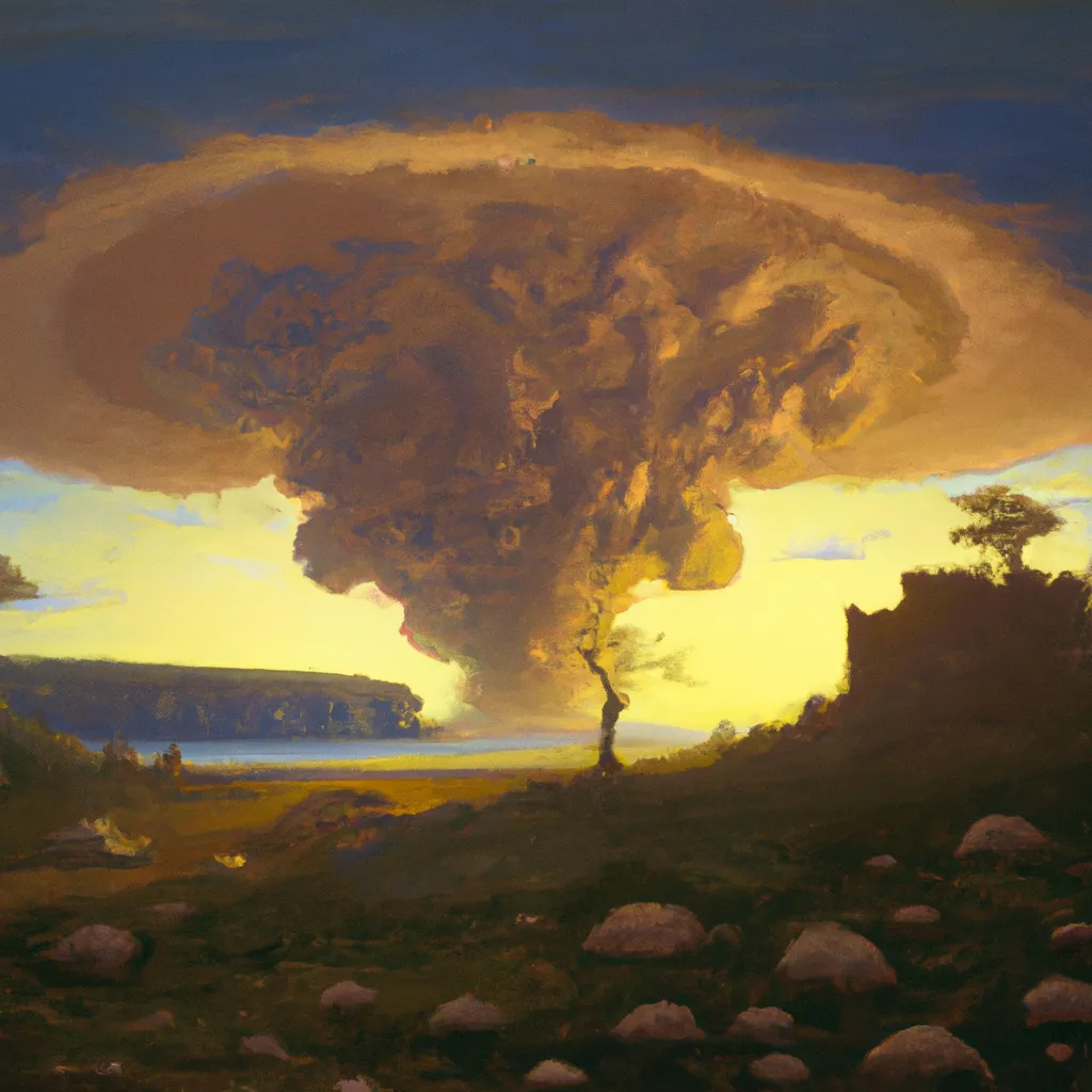 Prompt: An epic painting of a nuclear explosion mushroom cloud  in an Incandescently lit post apocalyptic landscape, ultra wide angle landscape painting, by Frederic Edwin Church and Nadav Kander