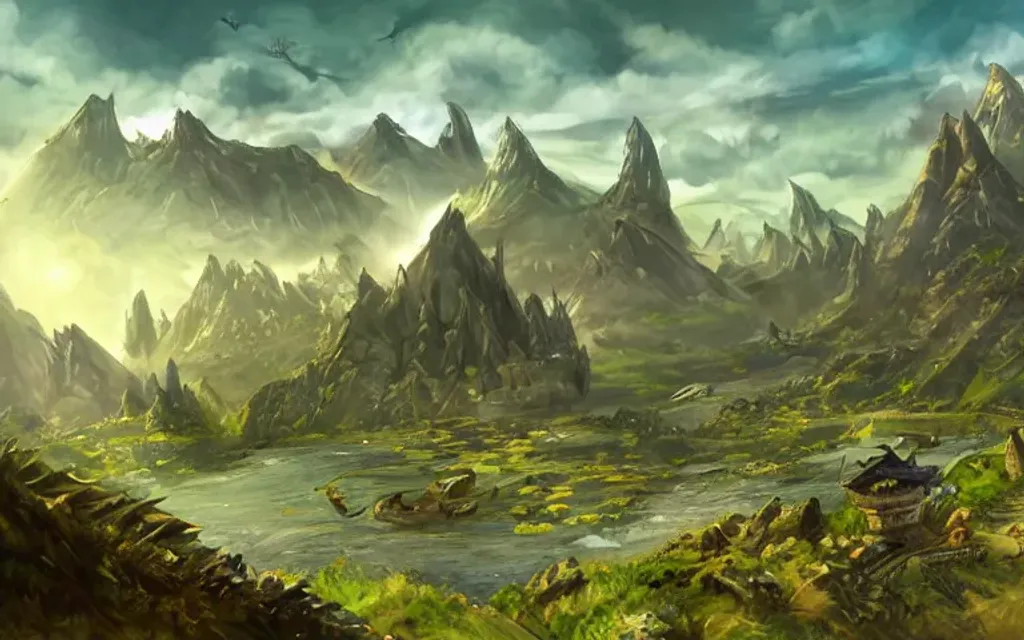 Prompt: landscape, video games, elder scrolls, morrowind, blades, swords, fantasy, dragons, mountains, fields, trees, retro, tall trees, river, water, color blue, color green, ariel view, blue sky, bright blue, bright green, battle, warriors, mages, wizards, witches, orcs, trolls, fantasy city in the distance, day time, bright, 80s dark fantasy film, 80s dark medieval film, 80s fantasy film, 80s medieval film, fantasy village, fantasy castle, fantasy stronghold, fantasy city, fantasy video game, townsfolk, dragons, tamriel, fantasy buildings, defined fantasy city, elder scrolls city, vvardenfell, volcano, red mountain, balmora, sedya neen, caldera, netch, bull netch, vivec, ebonheart, Hlaalu, Telvanni, Redoran, mournhold
