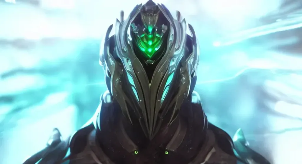 Prompt: a cool stunning warframe god, silver sharp streamlined armor, detailed head, sharp claws, glowing green LED eyes