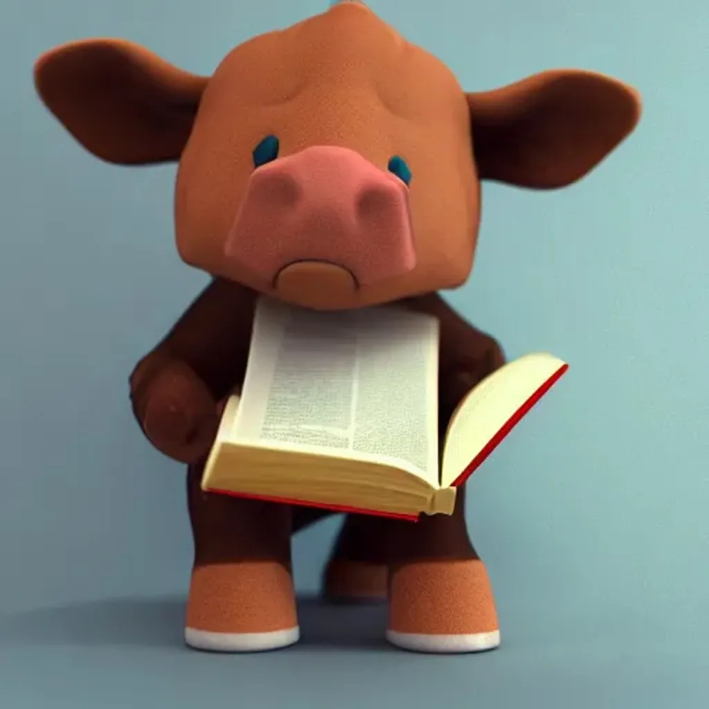 Prompt: Tiny cute cow toy, reading a book, standing character, soft smooth lighting, soft pastels, Scottie young, 3d octane render artstation trending 8k unreal engine blender, polycount, modular constructivism, pop surrealism, physically based rendering, square image