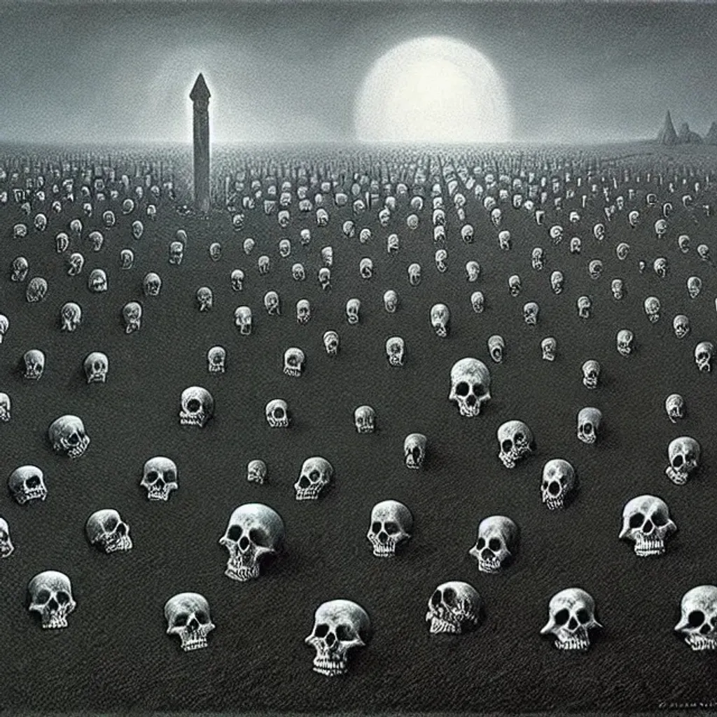 Graveyard with many skeletons, art by Zdzisław Beksi... | OpenArt