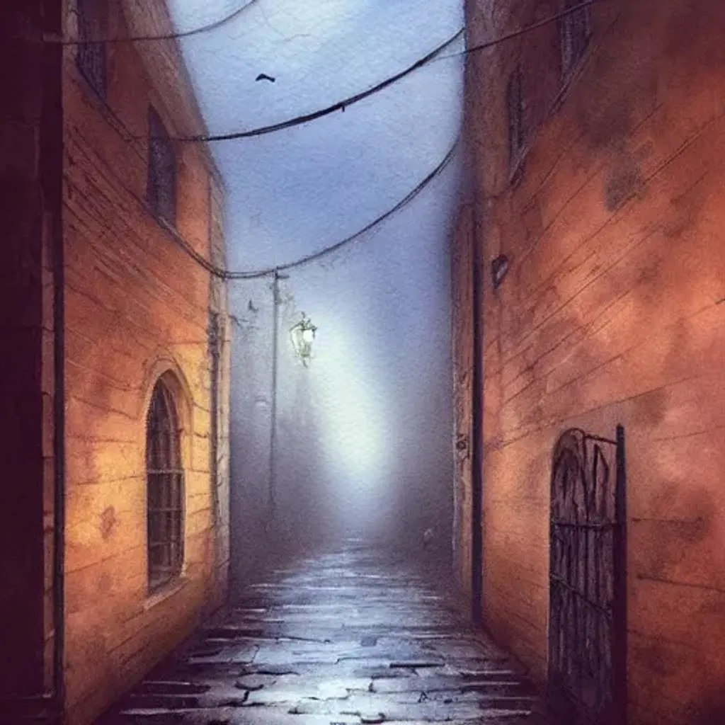 Prompt: fine-art watercolor landscape painting of dark Victorian alleyway, sinister and gothic, by Andreas Rocha, Minimalism, artistic, atmospheric, masterpiece,darker shadow, high contrast, golden ratio composition, hyper-detailed -W 960 -S 1950272985