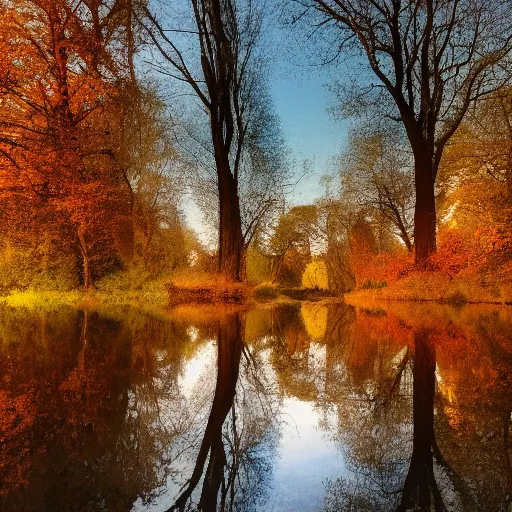 autumn path in the park, blue water with reflections... | OpenArt