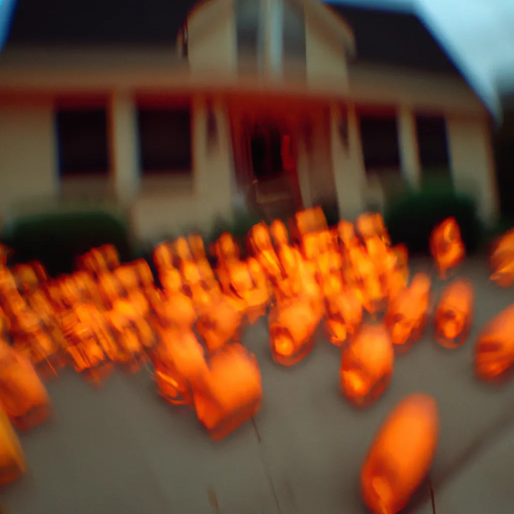 Prompt: Heavily distorted 1993 disposable camera photograph of hundreds of jack-o-lanterns littering a American home 