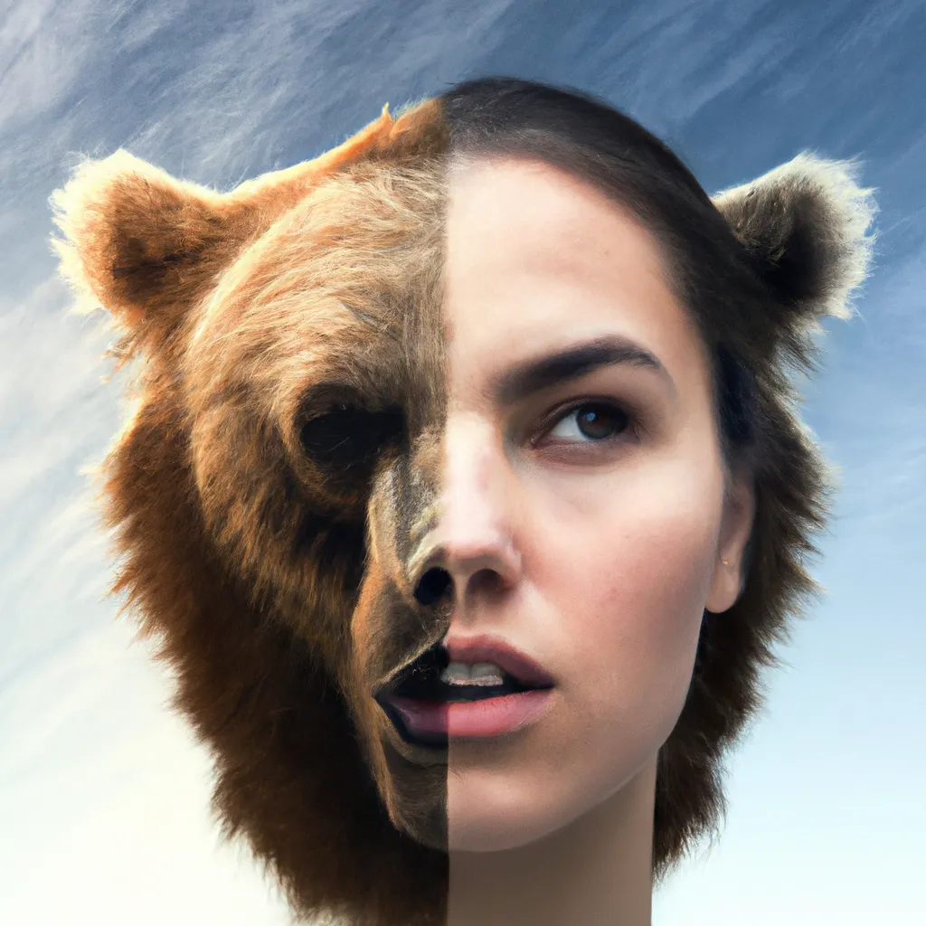 Prompt: A photo of a cute young woman's head combined with a 3D render of a hybrid bear head. Epic film poster style.
