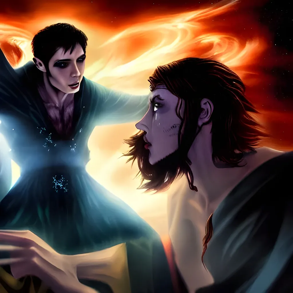 Prompt: fantasy artwork two male wizards are battling with demons that they summoned for the first time, epic scenery, stars and nebulae above in the sky, selina fenech, hd 8k
