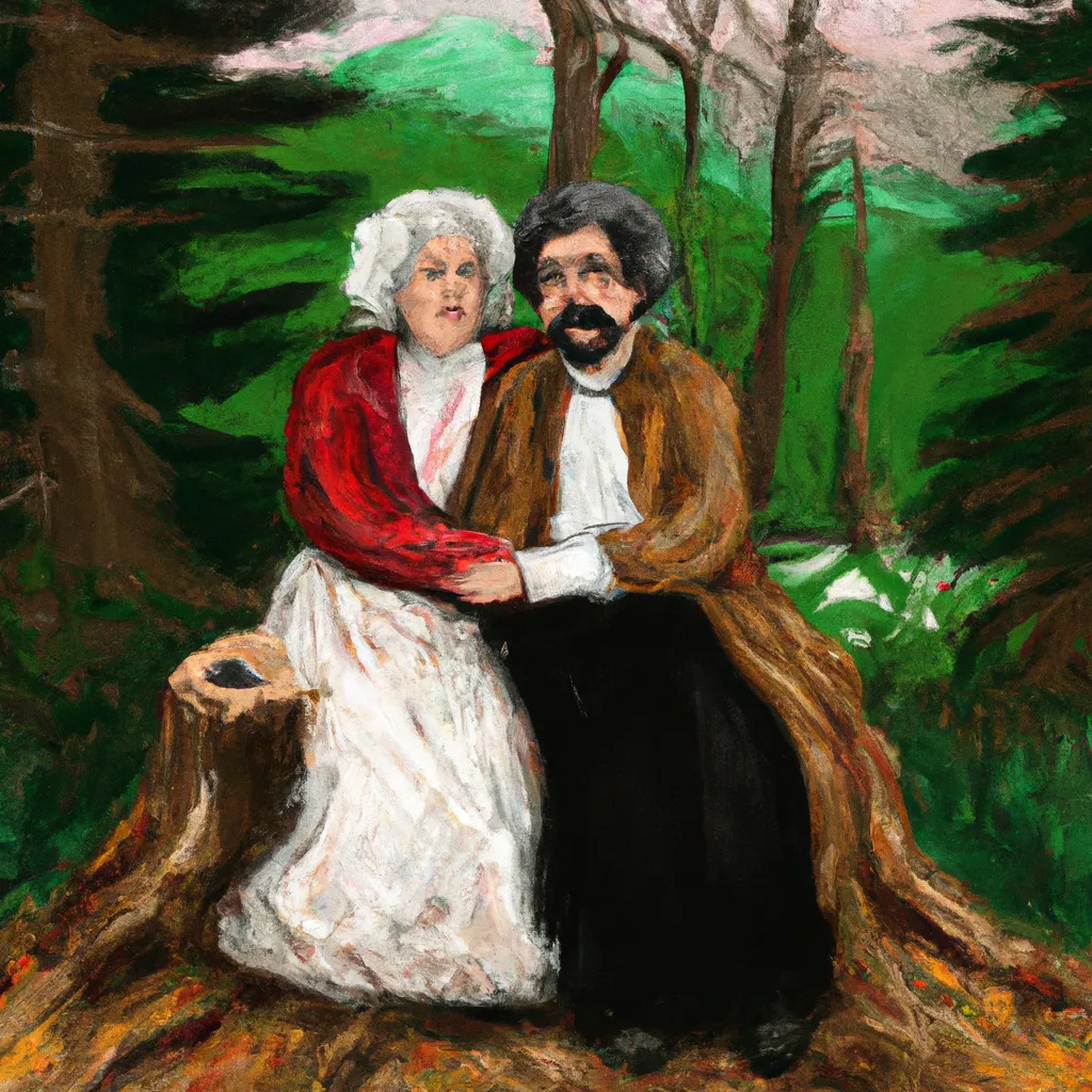 Prompt: An old married couple sitting on tree stumps in the forest, fauvism, Wiliam-August Bouguereau, Gustave Corbet, Bob Ross, Thrift store style