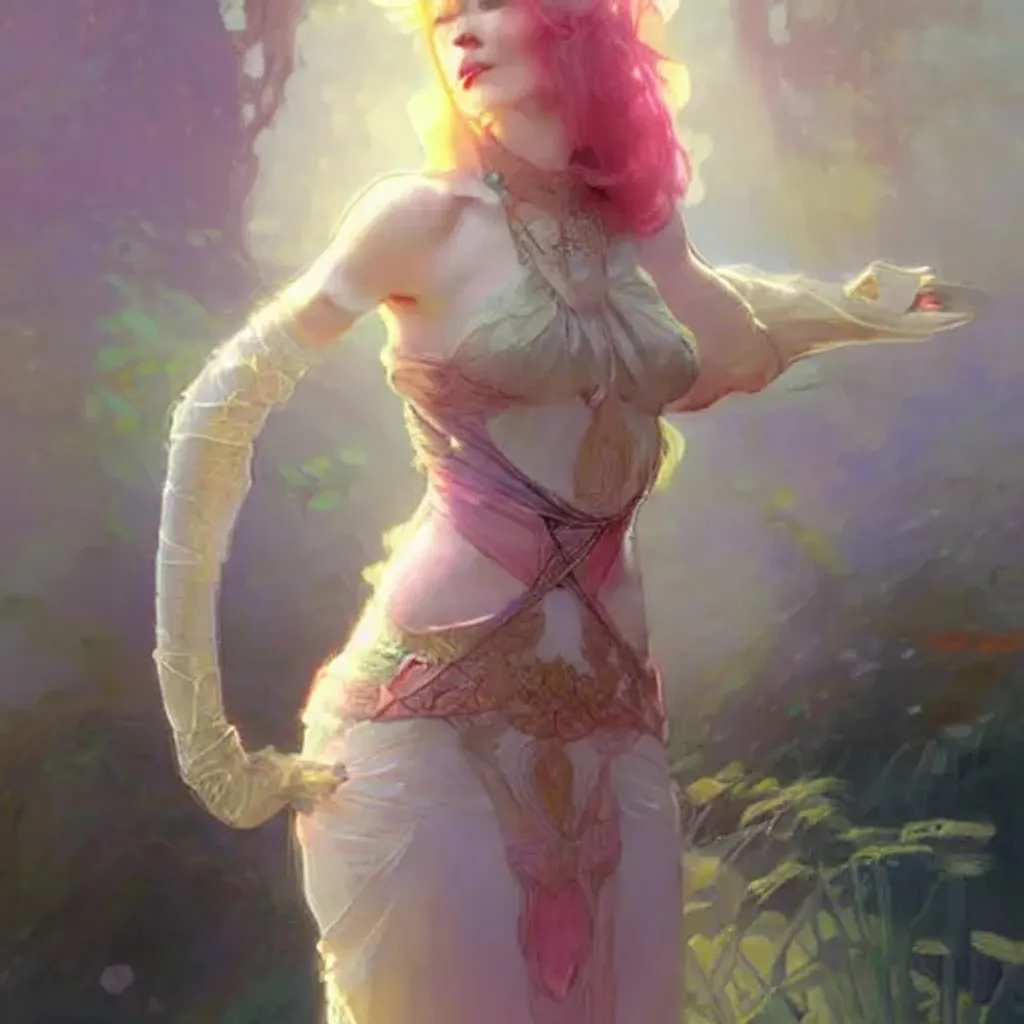 Prompt: Full body elf girl of radiant light with short pink hair, wearing ivory lace dress 4k digital illustration by Ruan Jia by Mandy Jurgens, award winning art, Artstation, art nouveau aesthetic, Alphonse Mucha background, intricate details, realistic, full view, Artstation, CGsociety