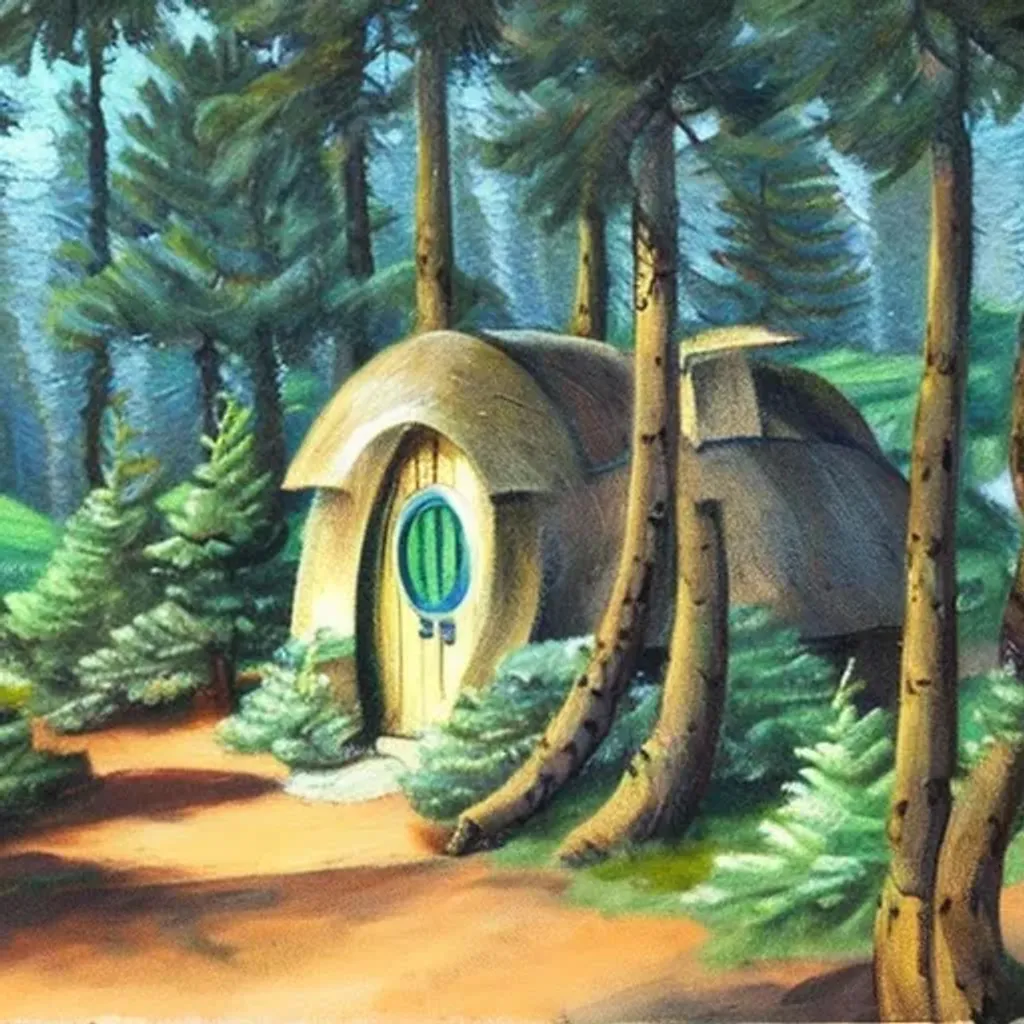 Prompt: Painting of a hobbit home surrounded by tall pine trees