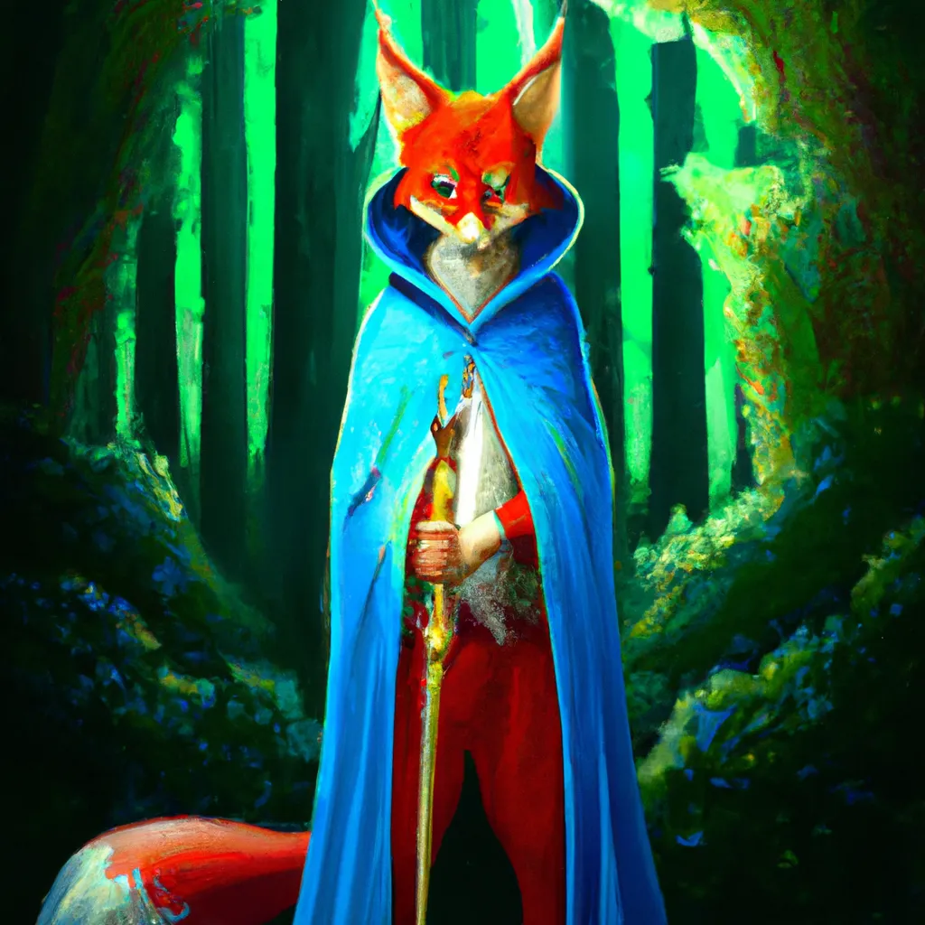 Prompt: fox wearing a green mantel and a red dress, long blue mantel with a wooden luminous  stick in his hand, he has a determinate face, magic forest in the background, intricate, fantasy, concept of zelda, elegant, highly detailed, digital painting, artstation, concept art, smooth, sharp focus, illustration