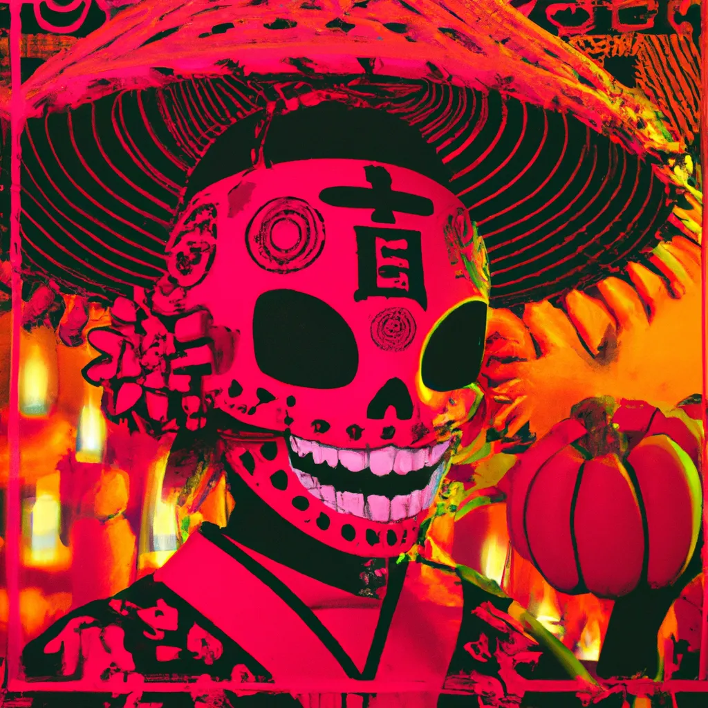 Prompt: Ukiyo-e comic book styled vintage risograph of a lit Dia de Los muertos Jack-o'-lantern wearing a witch hat,red spider lilies bloomin,bubbles,eclipse,4K,moody,award winning, trending on art station,goofy funny spooky scary mysterious halloween horror vibe, intricate details,digital art,incredible design,emotive,unreal engine 5 render,octane render,dia de Los muertos 