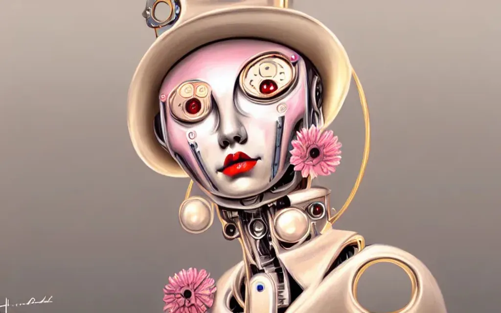 Prompt: portrait of a clockwork robot doll, elegant, highly detailed, digital painting, artstation, concept art, smooth, sharp focus, illustration, artgerm, dali, giger,Andre Breton, Max Ernst, advertising, punk, glowing eyes, pink lips, latex skin, cowboy, cheerful, cute