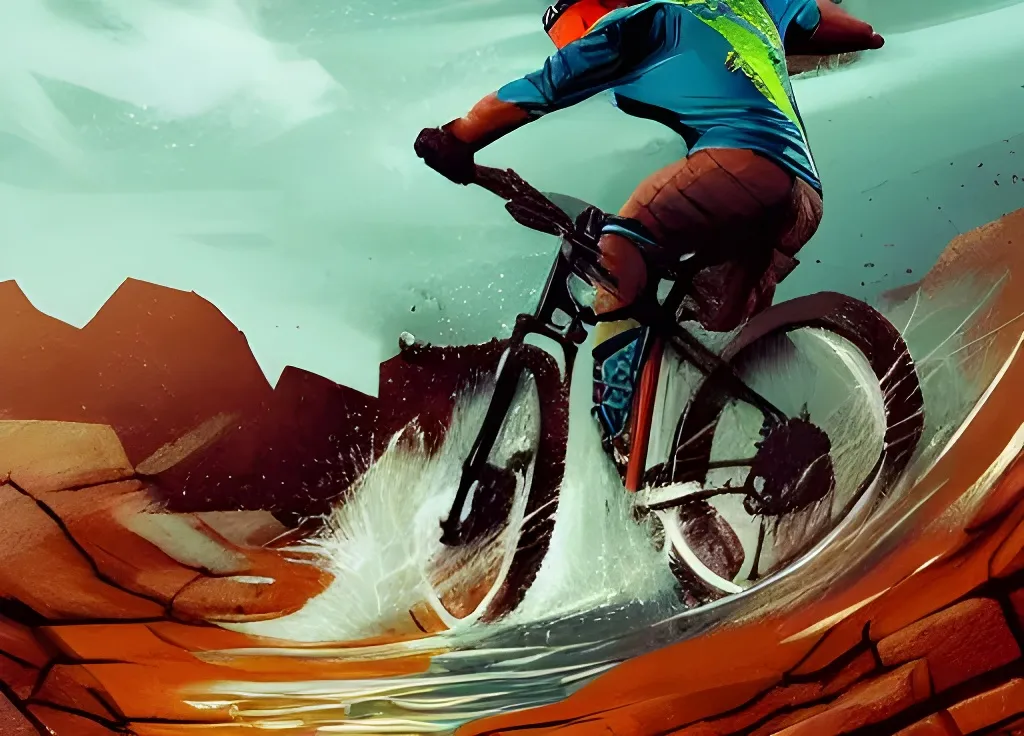 Prompt: daredevil mountain bike cyclist wearing a bike helmet, teal blue jersey, splashing through a creek, handsome rugged man, auburn hair, early 30's, dark brown eyes, breathtaking, slender muscular man, detailed eyes and facial features, artgerm, low angle shot, digital painting, masculine, manly, fantasy atmosphere, great composition, vivid cinematic lighting, cinematic shot, extremely cinematic, detail, realistic