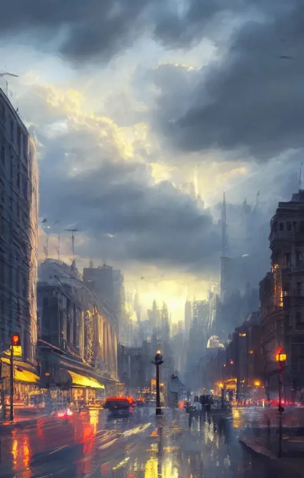 Prompt: A oil painting of beautiful city, dramatic lighting, hd, ultra detailed, cinematic shot, volumetric lighting, clear sky, summer, realistic, artstation