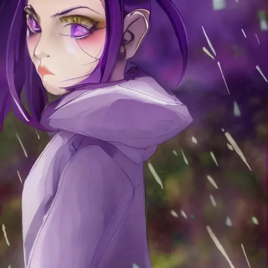 Prompt: dark elf, smooth skin, beautiful face, young adult female, freckles in the face, eyecolor purple, with small lips, a small nose,  in a dark rainy forest, short purple and brown dress,  by makoto shinkai, long pointy ears