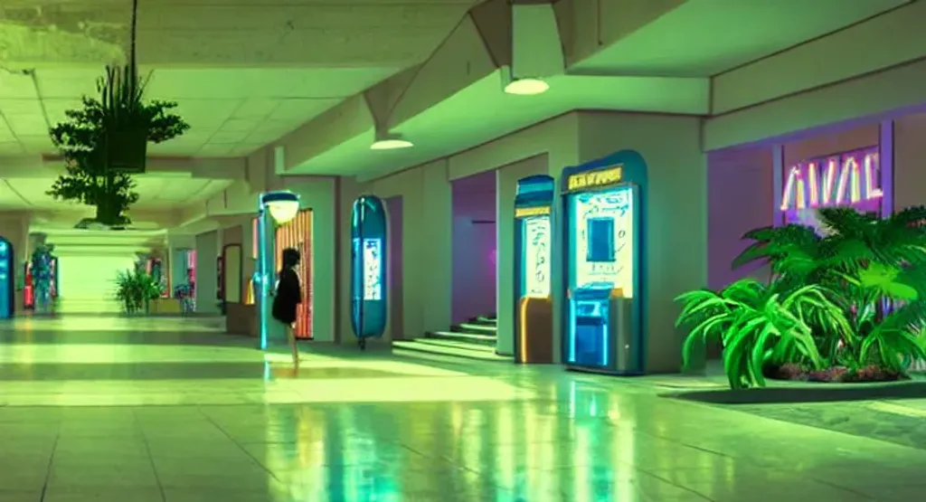 Prompt: 80's liminal nostalgic indoor vaporwave aesthetic mall corridor with palm trees, white tile, neon lights, an indoor river water feature, deciduous trees in pots, vending machines, marble sculpting