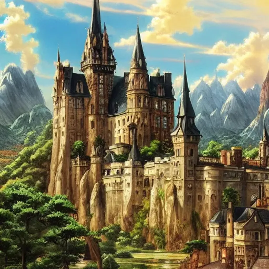 Prompt: anime european grand gothic castle landscape with mountains
