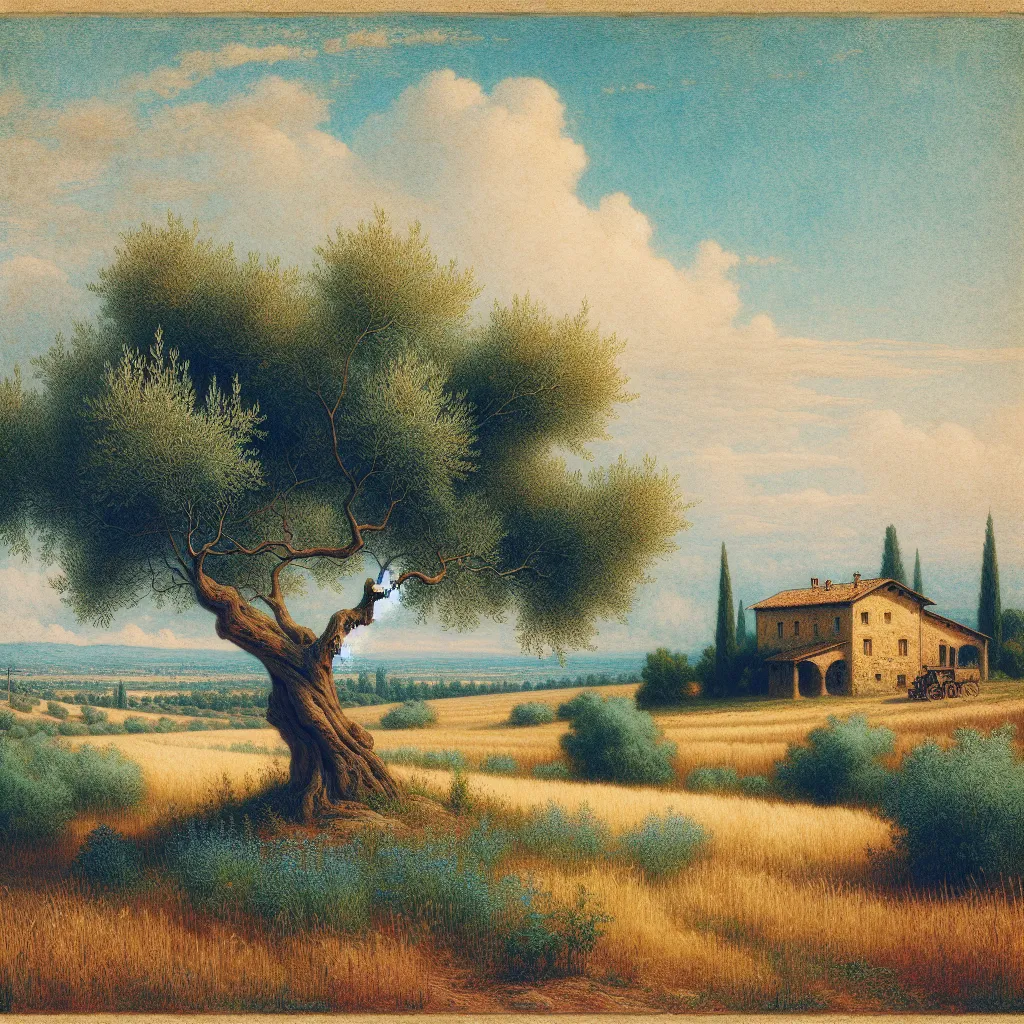 Prompt: an olive tree in a field with a old historic 1800 Italian farm house in the background and a blue sky in the background with a few clouds, Alesso Baldovinetti, panoramic view in David Hockney style