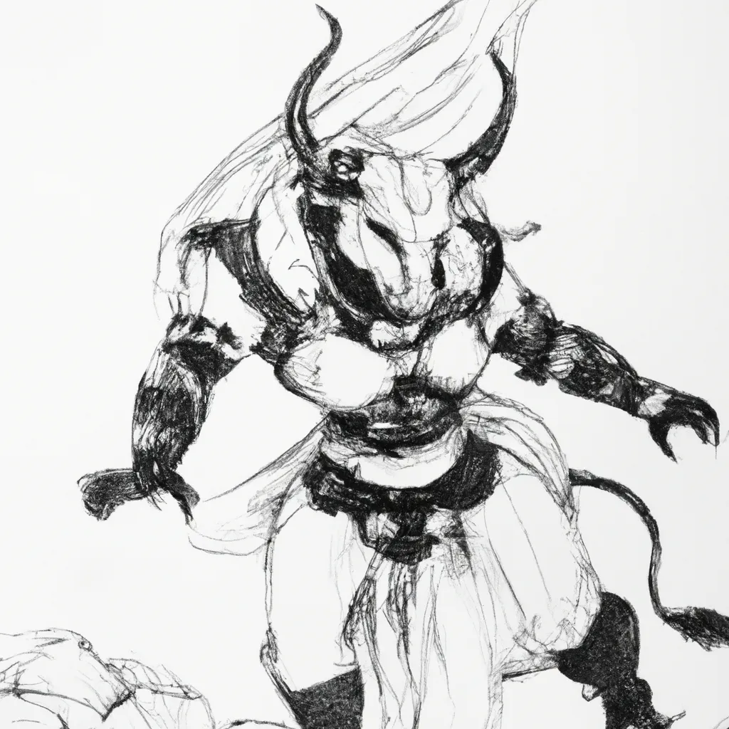 Prompt: warrior Minotaur, strong, female, by  yoshitaka amano