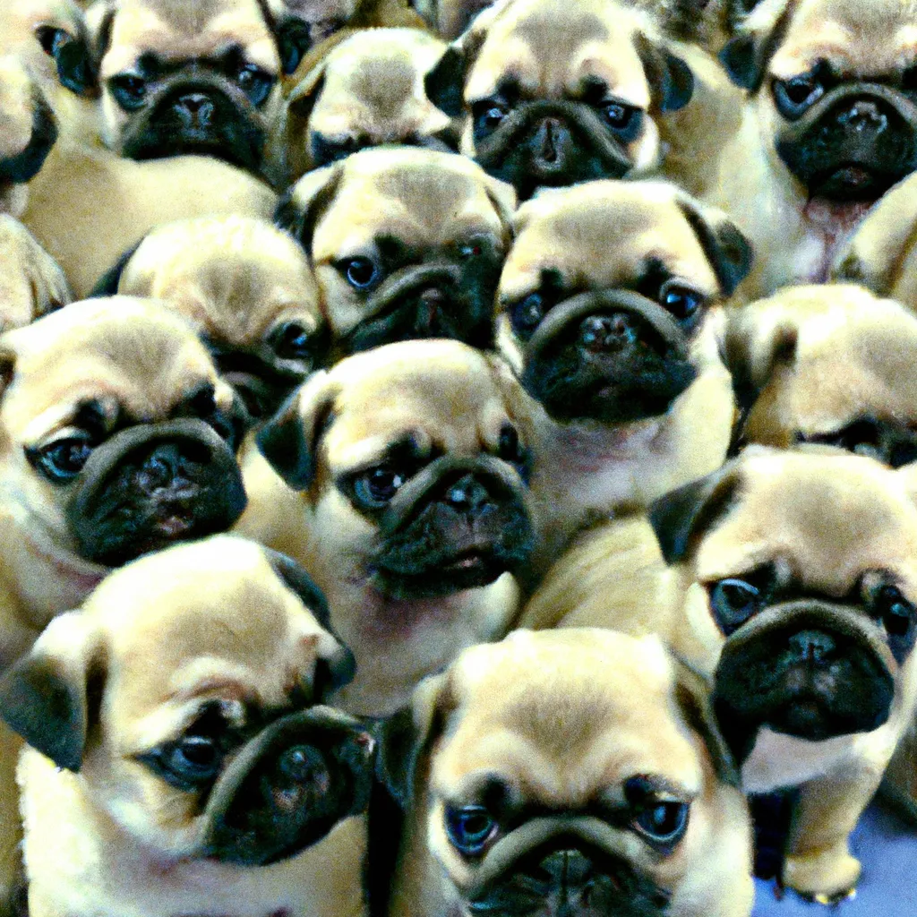 Prompt: photo of a army of pugs