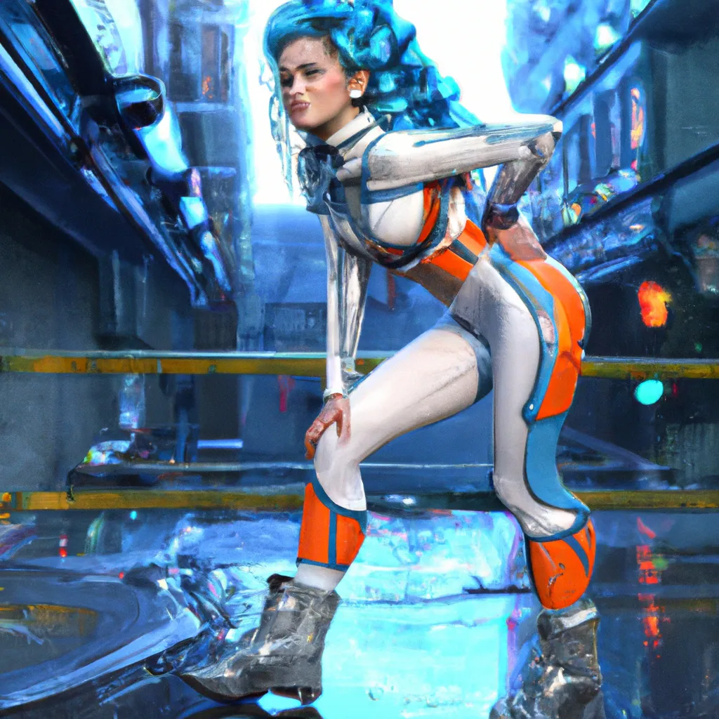 Prompt: Full body with face 3D realistic Maya Cinema4D UE4 UE5 graffiti spray paint style, rainy cyberpunk city in background, Pretty Russian 27 year old woman with turquoise wavy curly chin length hair, white gray orange colored dieselpunk outfit with lots of straps, white solarpunk jacket, powerful playful dancer leg hold pose.