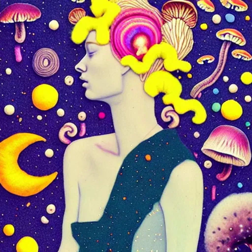 Prompt: Felt fabric portrait by Ryan Hewett, Beautiful woman with yellow hair, mushrooms growing out of her hair, hq, fungi, celestial, portrait, victo ngai, moon lemons, galaxy, moon, stars 