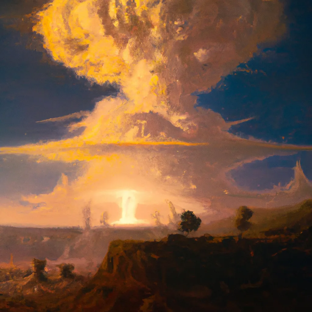 Prompt: An epic painting of a nuclear explosion mushroom cloud  in an Incandescently lit post apocalyptic landscape, ultra wide angle landscape painting, by Frederic Edwin Church and Nadav Kander